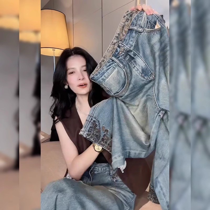 重工刺绣花朵牛仔裤女夏季薄款大码胖mm显瘦小个子八分直筒阔腿裤图片