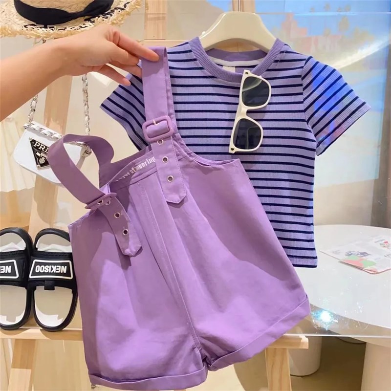 女童时髦套装2023夏季新款宝宝条纹短袖T恤P+背带短裤女孩夏装潮图片