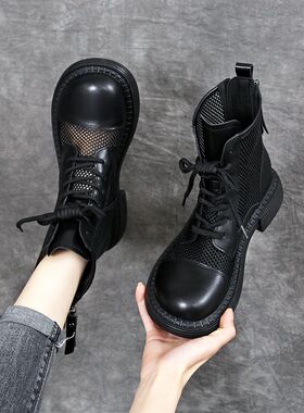 真皮镂空马丁靴女2024新款夏季薄款网纱透气小短靴平底凉靴大码41