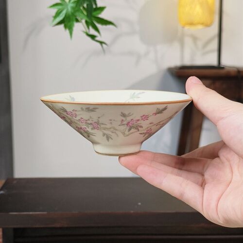顶先 黄汝窑斗笠茶杯紫藤粉花复古品茗杯主人杯家用陶瓷功夫茶具