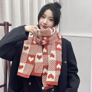 格子围巾女款冬季韩版百搭少女爱心可爱秋冬天针织保暖加厚围脖冬