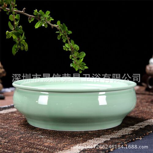 家用青瓷陶瓷手绘功夫茶具圆形小茶盘圆双层蓄水储水茶海茶台茶船
