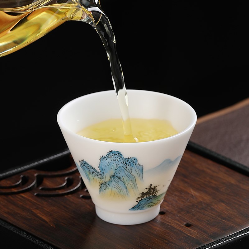妙莲天香大师手绘只此青绿羊脂玉瓷主人杯个人品茗杯高档茶杯单杯