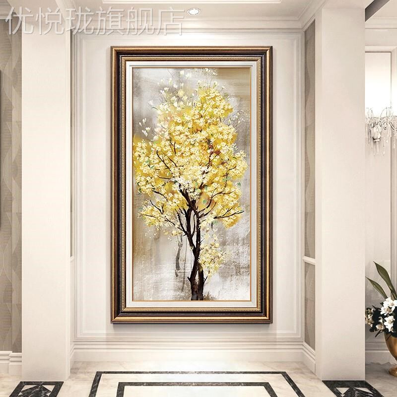 定做美轻式玄关装饰画发财树奢进门入户走现廊壁画代竖版高档过道