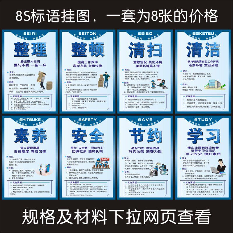 工厂车间5S 6S 7S 8S管理标识语 牌企业文化海报装裱挂图 KT板