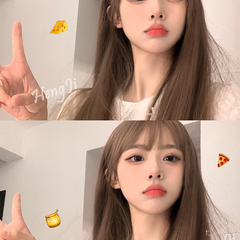哼唧假发女长发一刀切棕色长直发圆脸lolita自然全头套黑长直假发