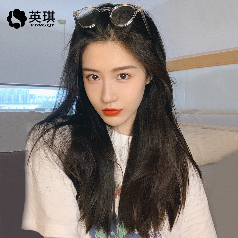 英琪假发女长直发轻薄蕾丝递针逼真自然中分长发真人发丝全头套