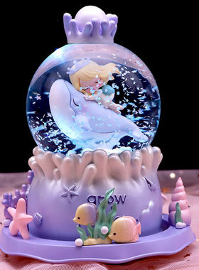梦幻儿童水晶球海豚女孩生日礼物音乐盒公主飘雪八音盒圣诞节摆件