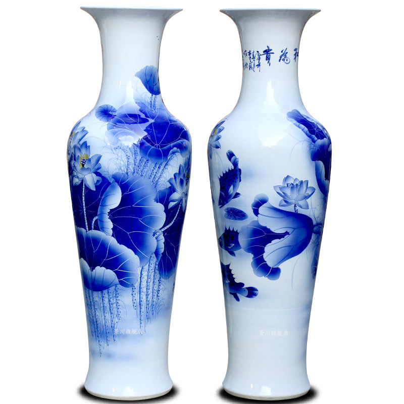 手绘和为贵青花瓷荷花鱼落地大花瓶景德镇陶瓷器客厅装饰大摆件