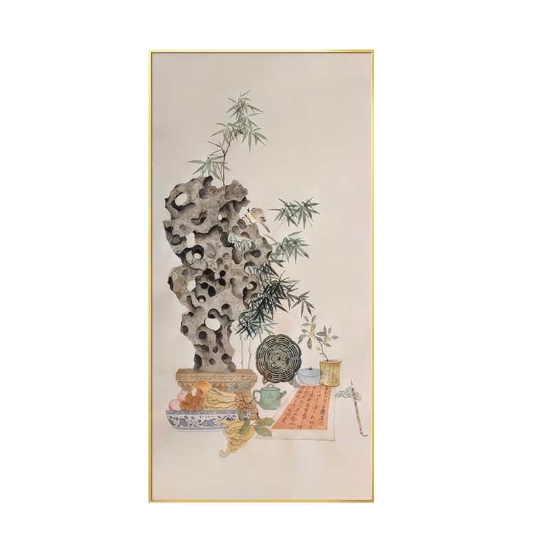 太湖石古风玄关手绘油画客厅新中式禅意装饰国画入户竹子竖版挂画