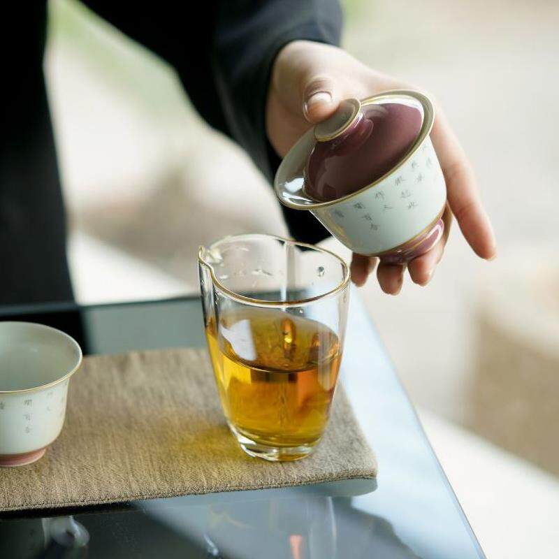 云由新品陶瓷茶具粉彩手绘木槿紫百合花盖碗家用女生小容量泡茶碗