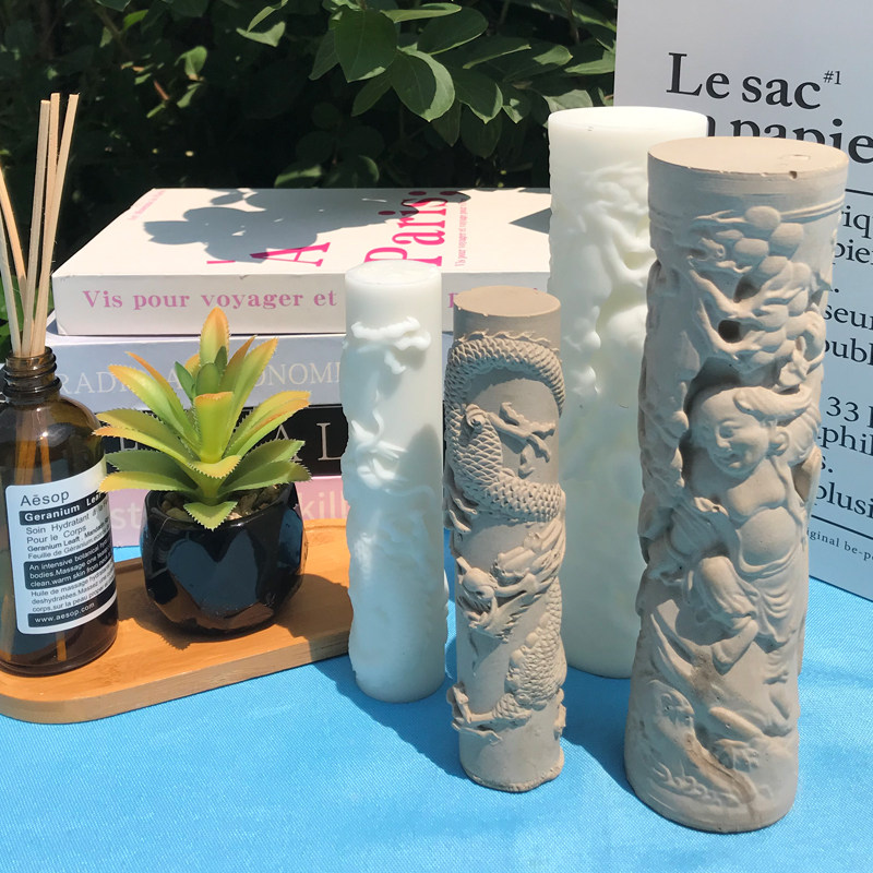 青砂石盘龙柱模具鱼缸白底龙柱柱子磨具神像刘海佛头浮雕圆柱矽胶