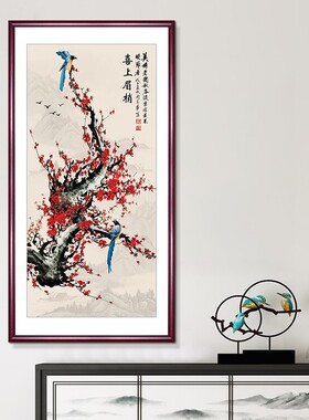 竖版牡丹挂画 实木框中式风格 花鸟装饰画新中式设计