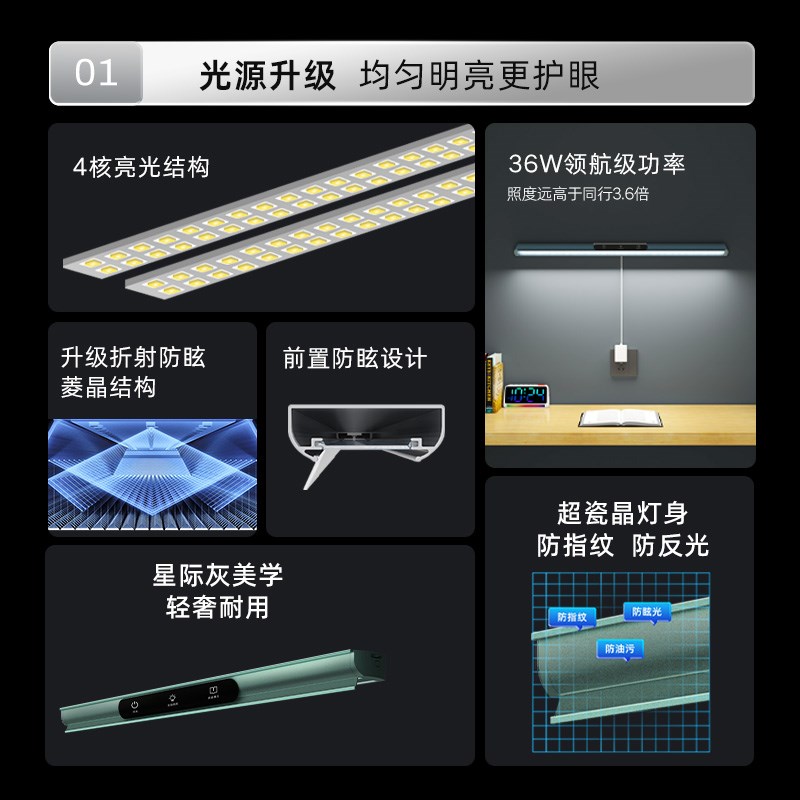 全新升级加亮全光谱护眼灯国AA级儿童学习专用书桌吸顶台灯长条灯