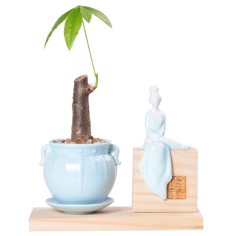 创意唯美多肉花盆琴棋书画摆件盆栽套组青瓷绿植禅意仕女文竹花盆