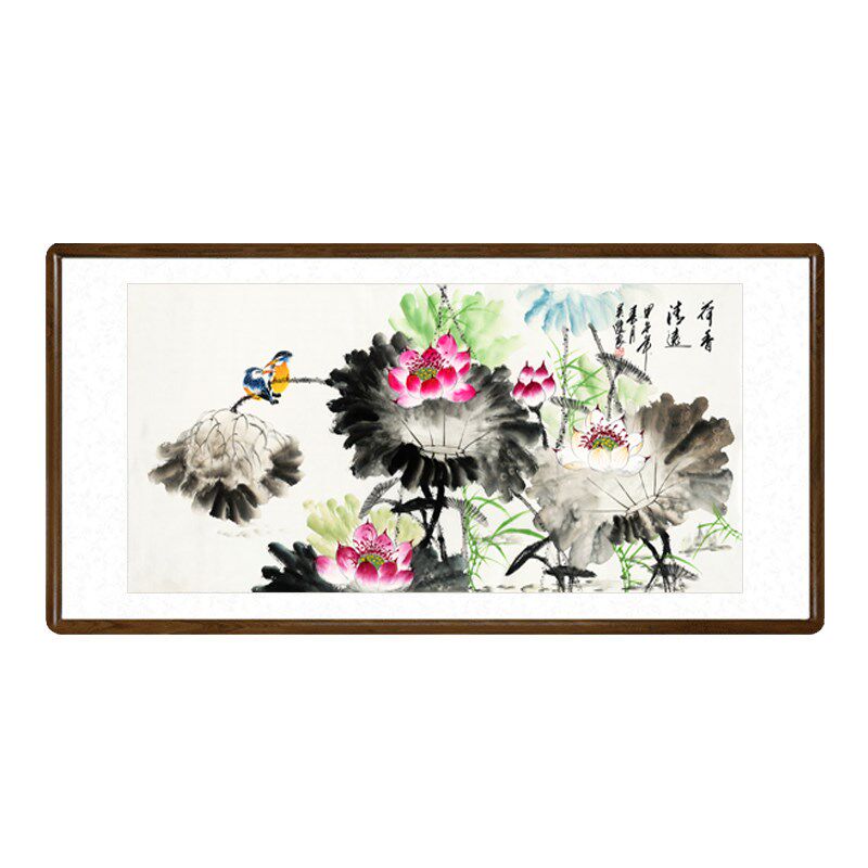 国画花鸟画中式客厅装饰画办公室横幅字画带框卧室荷花写意水墨画