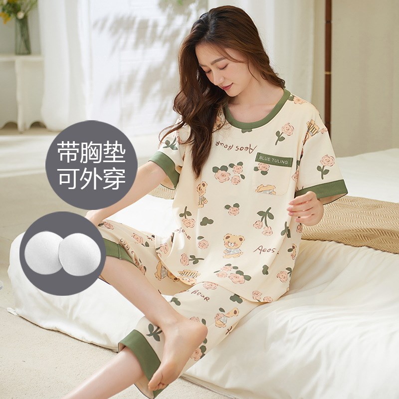 夏季女士带胸垫棉质短袖七分裤韩版可爱卡通家居服宽松套装可外穿图片