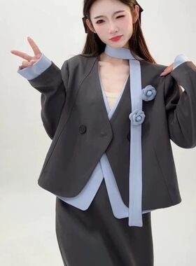 法式拼接设计感飘带西装外套女秋季复古气质半身裙甜美两件套装女