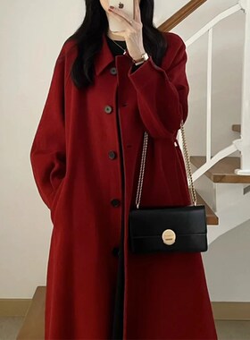 酒红色毛呢外套女秋冬韩系大码胖MM220斤宽松小个子加厚呢子大衣