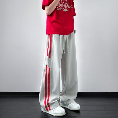 条纹速干 干冰冰丝裤子男夏季薄款美式潮牌hiphop宽松直筒阔腿休