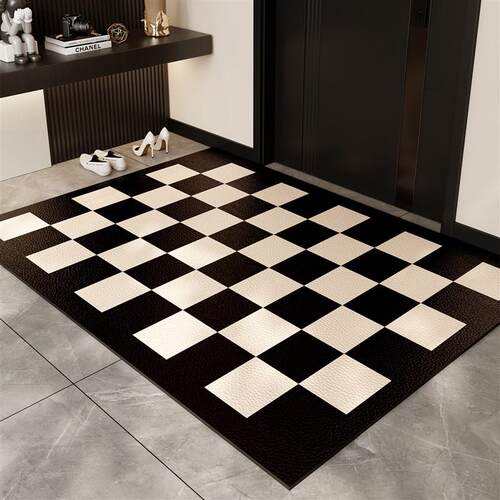 棋盘格入户门地垫进门口脚垫PVC皮革黑白高级感免洗可擦裁剪地毯