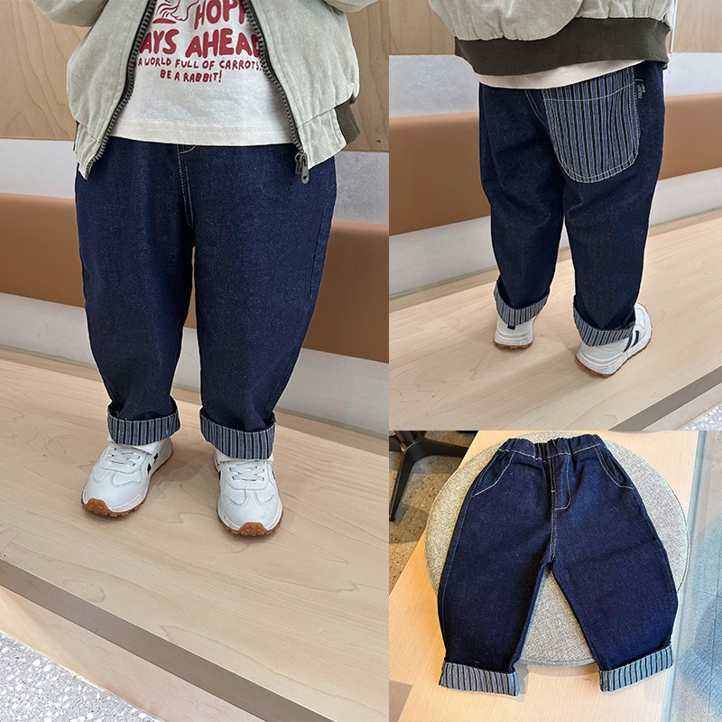 2025春款男女童韩版条纹口袋贴布裤子百搭休闲牛仔百搭宽松长裤潮图片