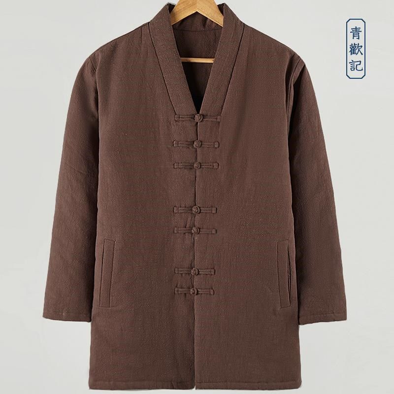 禅茶居士棉服冬季加厚中长款男士唐装棉衣中国风复古宽松汉服外套