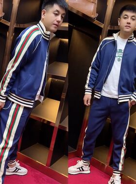 春秋新款拼接时尚运动休闲套装男士宽松百搭立领外套束脚裤两件套