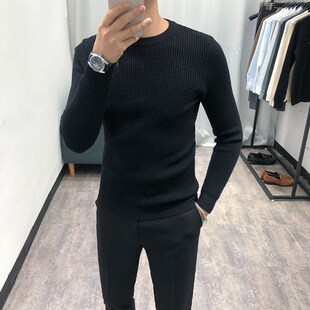 秋冬新款时尚纯色圆领毛衣男潮流韩版修身打底针织衫套头保暖线衣