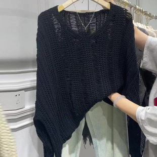 欧货高端黑色V领软糯针织毛衣女薄款2025春季新款宽松慵懒风上衣