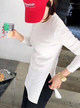 中长款T恤长袖女春秋遮屁股上衣开叉欧货小衫白色大码内搭打底衫