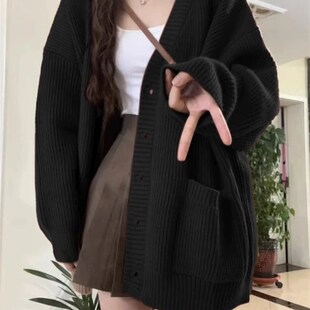 黑色软糯韩系慵懒风针织毛衣外套开衫女早春秋穿搭中长款宽松上衣