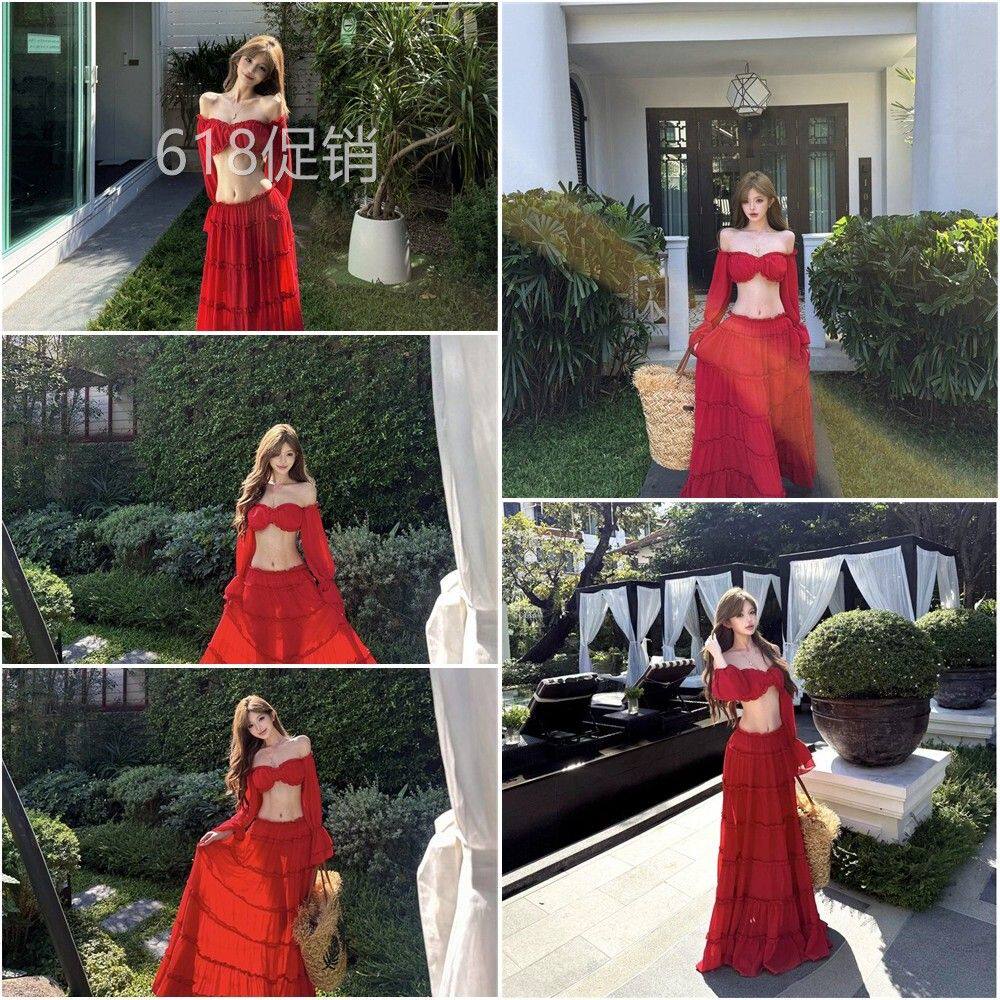泰国辣妹海边度假绝美套装女多巴胺明媚红色一字肩上衣大摆长裙子