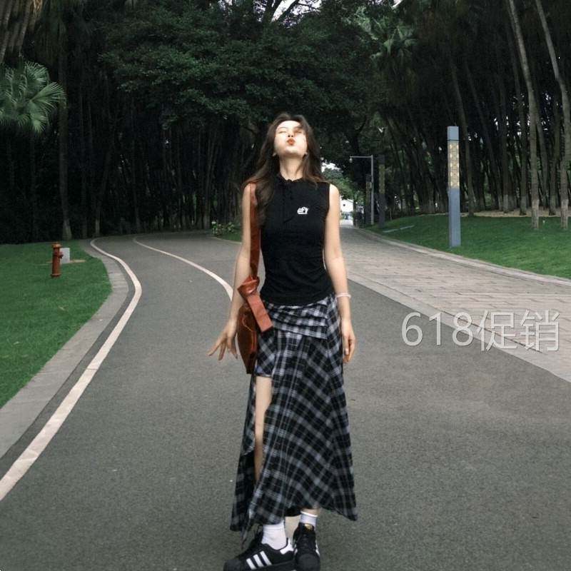 韩系夏日ootd穿搭套装格纹半身裙子背心上衣高级小众不撞款两件套