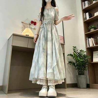 少女甜美露肩系带收腰洋装2026夏装新款初高中学生荷叶边A字裙