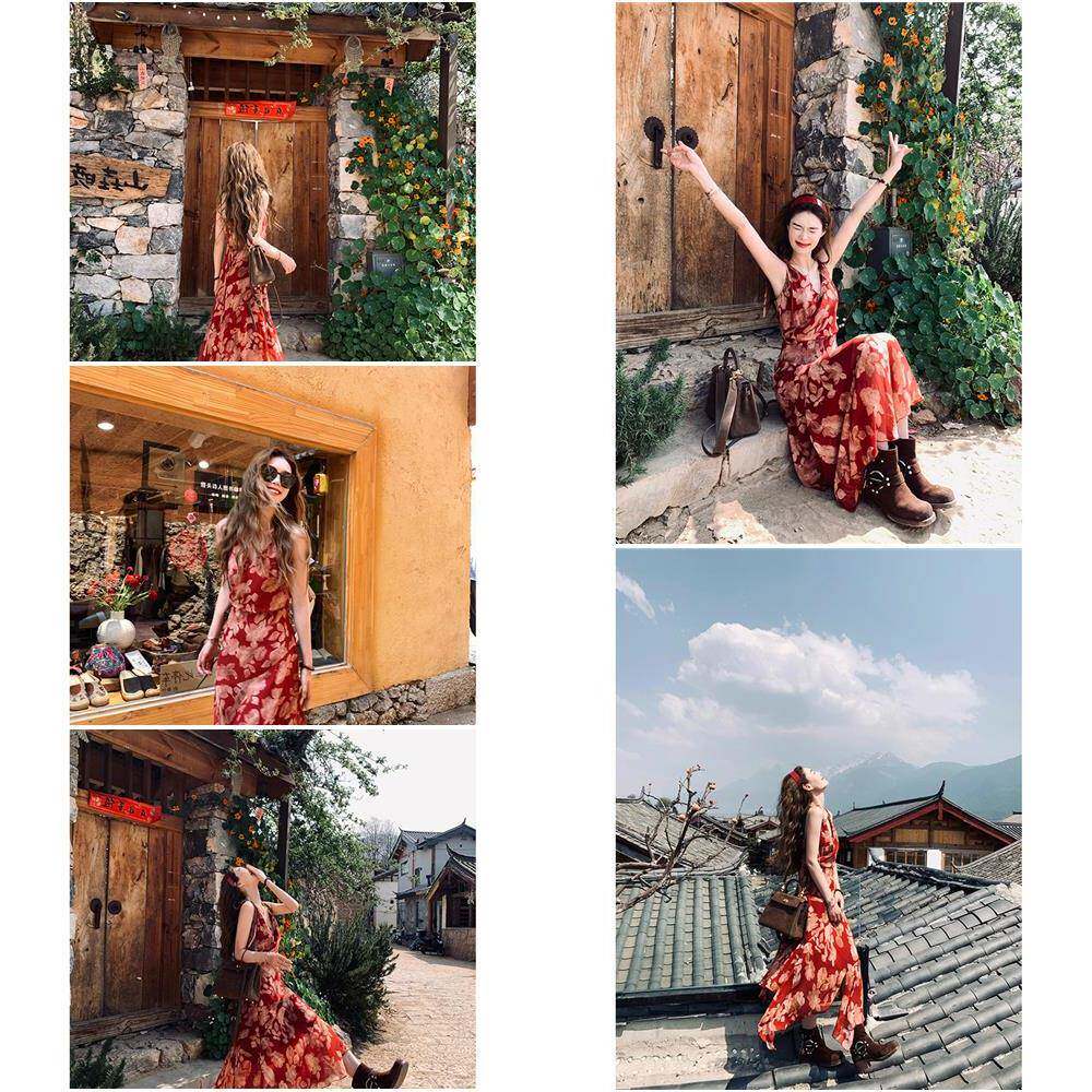 小君君布兰妮 夏日热恋/巨显白复古红不规则碎花裙女夏印花洋装