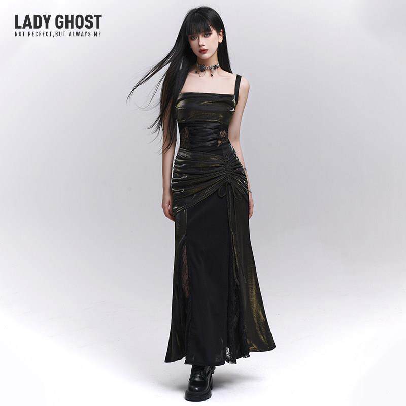 幽灵少女御姐吊带洋装黑色长裙子生日party轻礼服裙演唱会穿搭