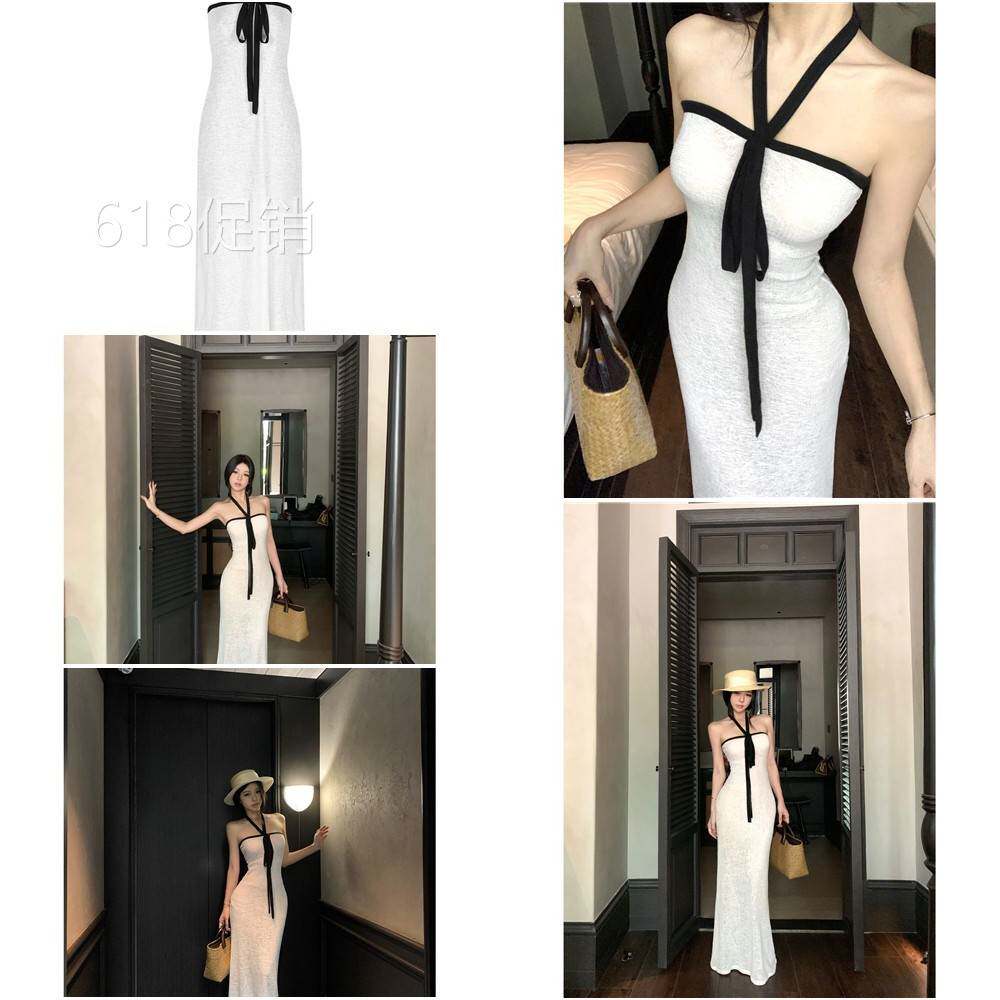 辣妹风白色挂颈抹胸洋装女夏季修身收腰无袖裙子凸显身材包臀长裙