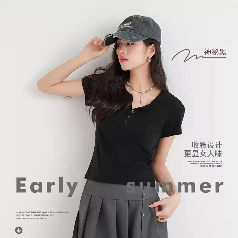 莱赛尔天丝亲肤享利小V半开领T恤女春季新款短袖t恤修身上衣00