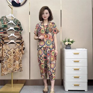 夏装女士宽松两件套棉绸短袖套装女妈妈装中老年短袖休闲两件套装