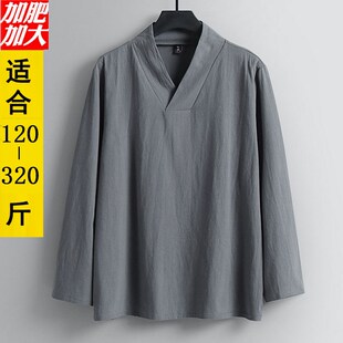 中国风大码男装棉麻长袖t恤加肥加大汉服复古禅修打底衫V领上衣潮