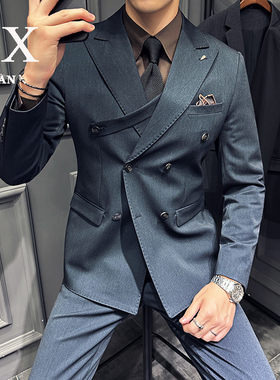 秋冬季高级感结婚新郎西服套装商务休闲正装英伦风双排扣西装男