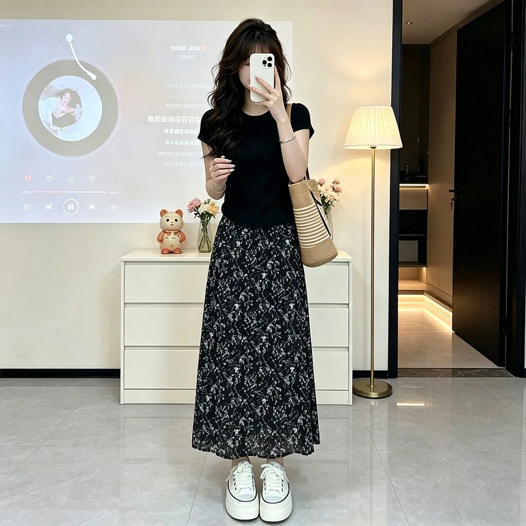 夏季韩系碎花高腰显瘦半身裙套装
