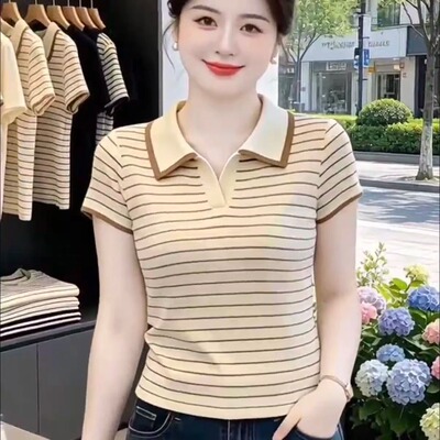 条纹POLO领短袖T恤女显瘦百搭