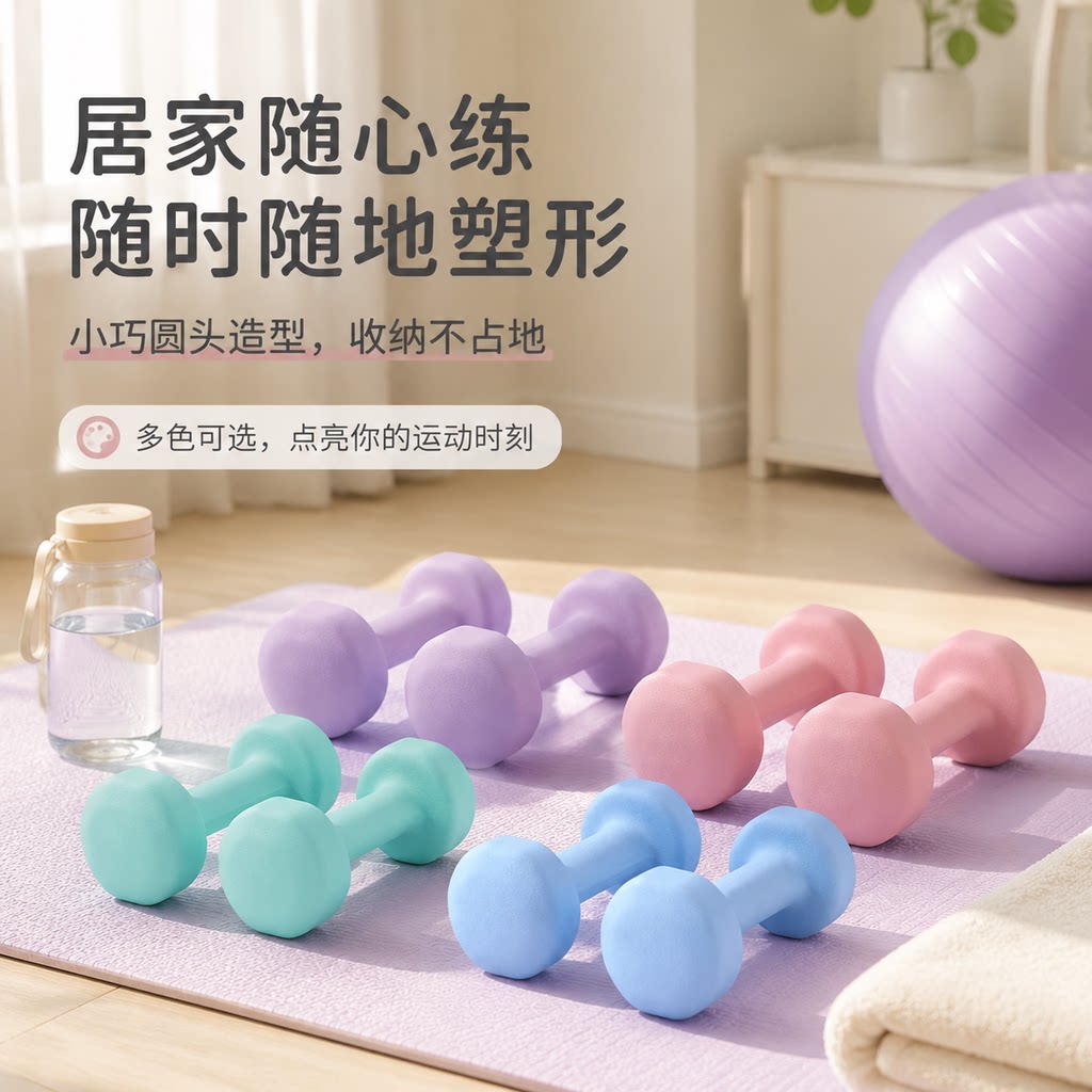 哑铃女士健身家用学生儿童浸塑实心铸铁亚铃男减肥器材瑜伽小哑铃