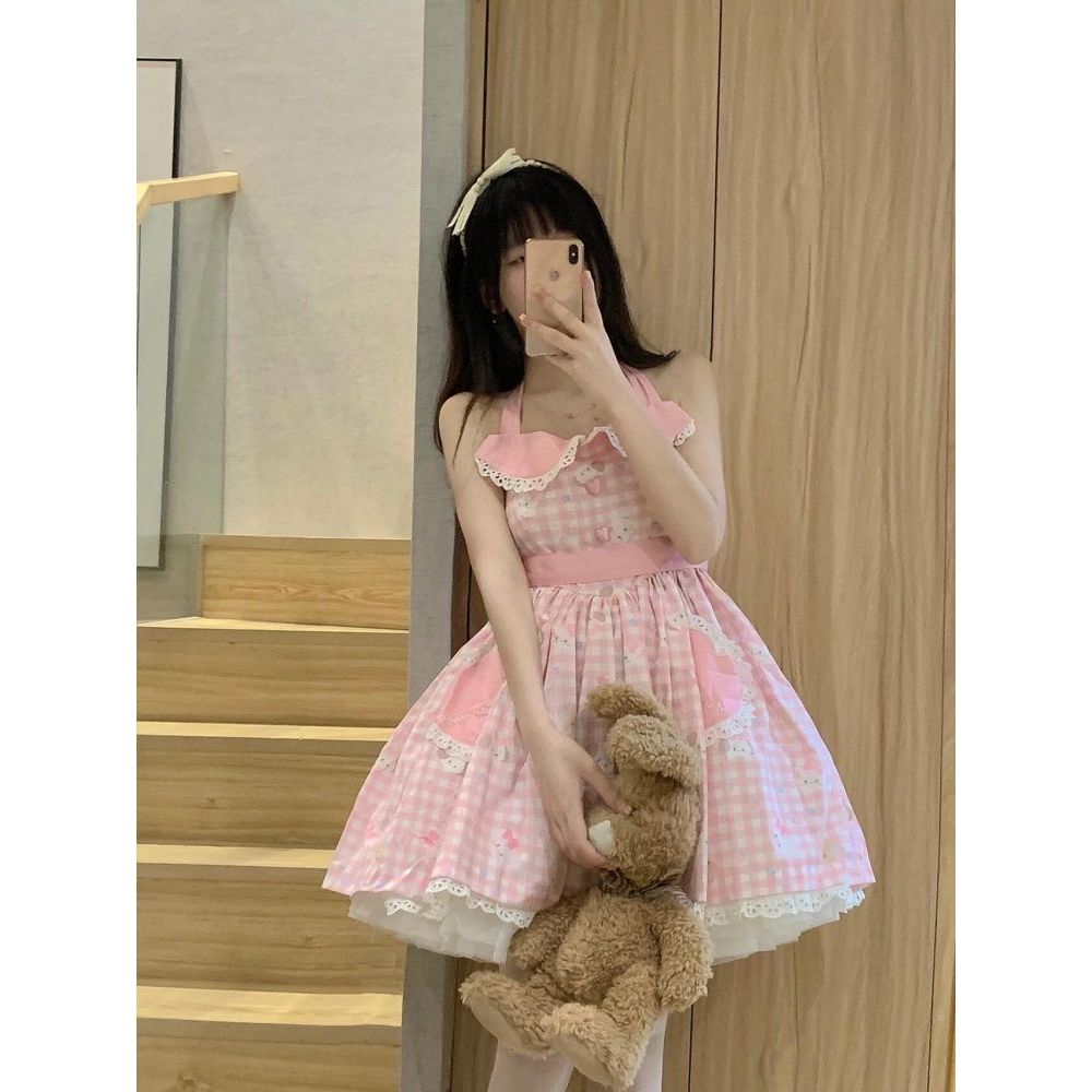 【桃屿轻吟】甜美软萌粉色格子连衣裙女夏季新款可爱卡通挂脖裙子