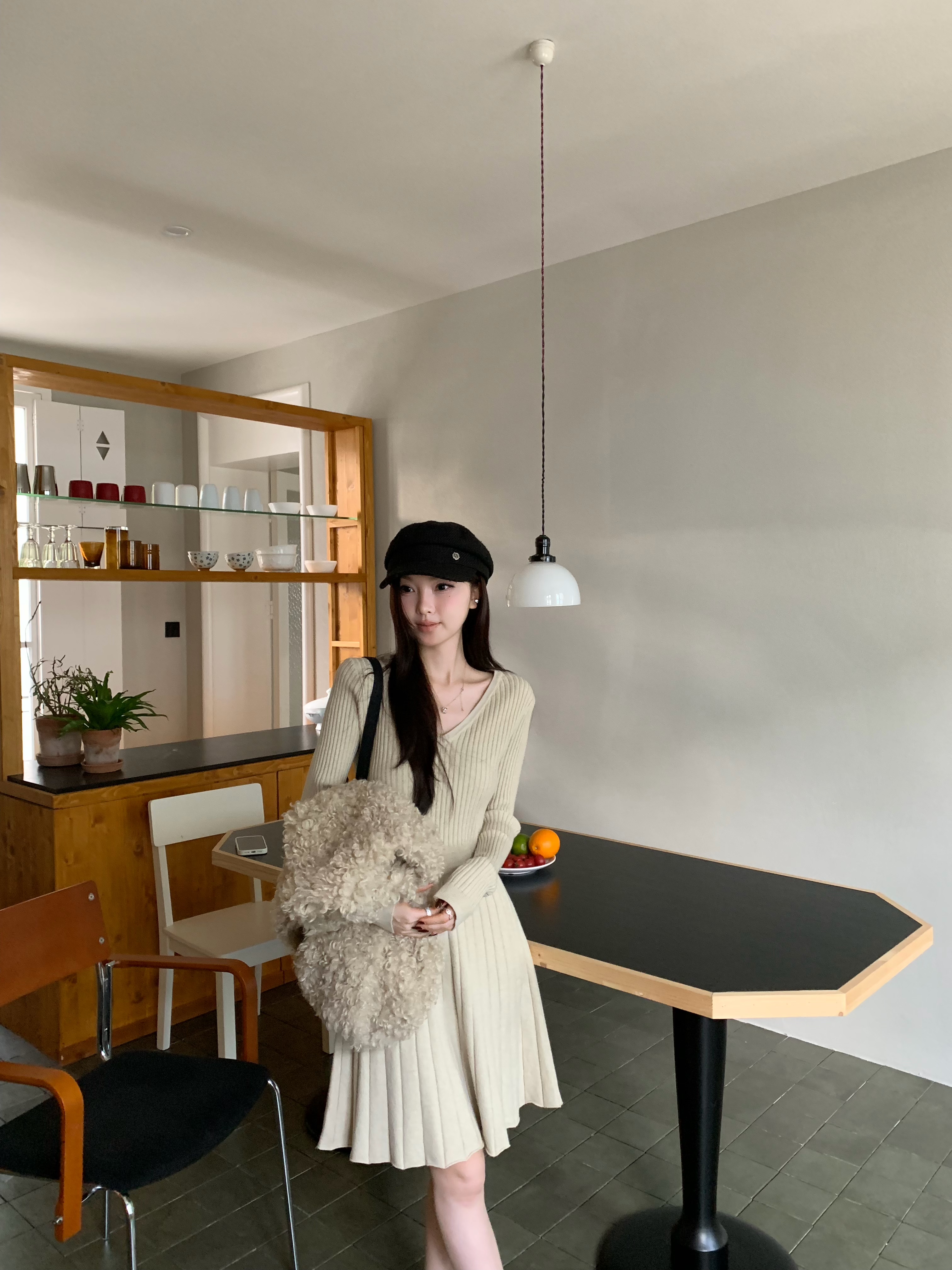 季节里的花~韩系复古V领修身显瘦针织连衣裙秋冬内搭打底连衣裙