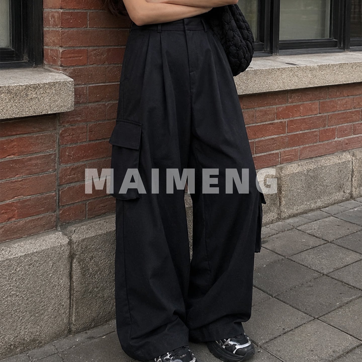 迈萌2026秋季黑色高腰直筒休闲裤羊毛大口袋高级感气质女士工装裤