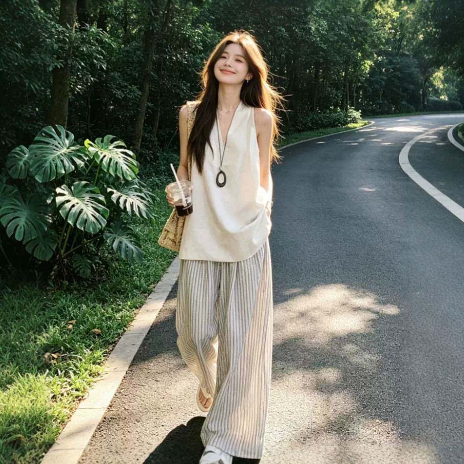 夏季法式高级感休闲运动套装女温柔风无袖挂脖长裤时尚减龄两件套