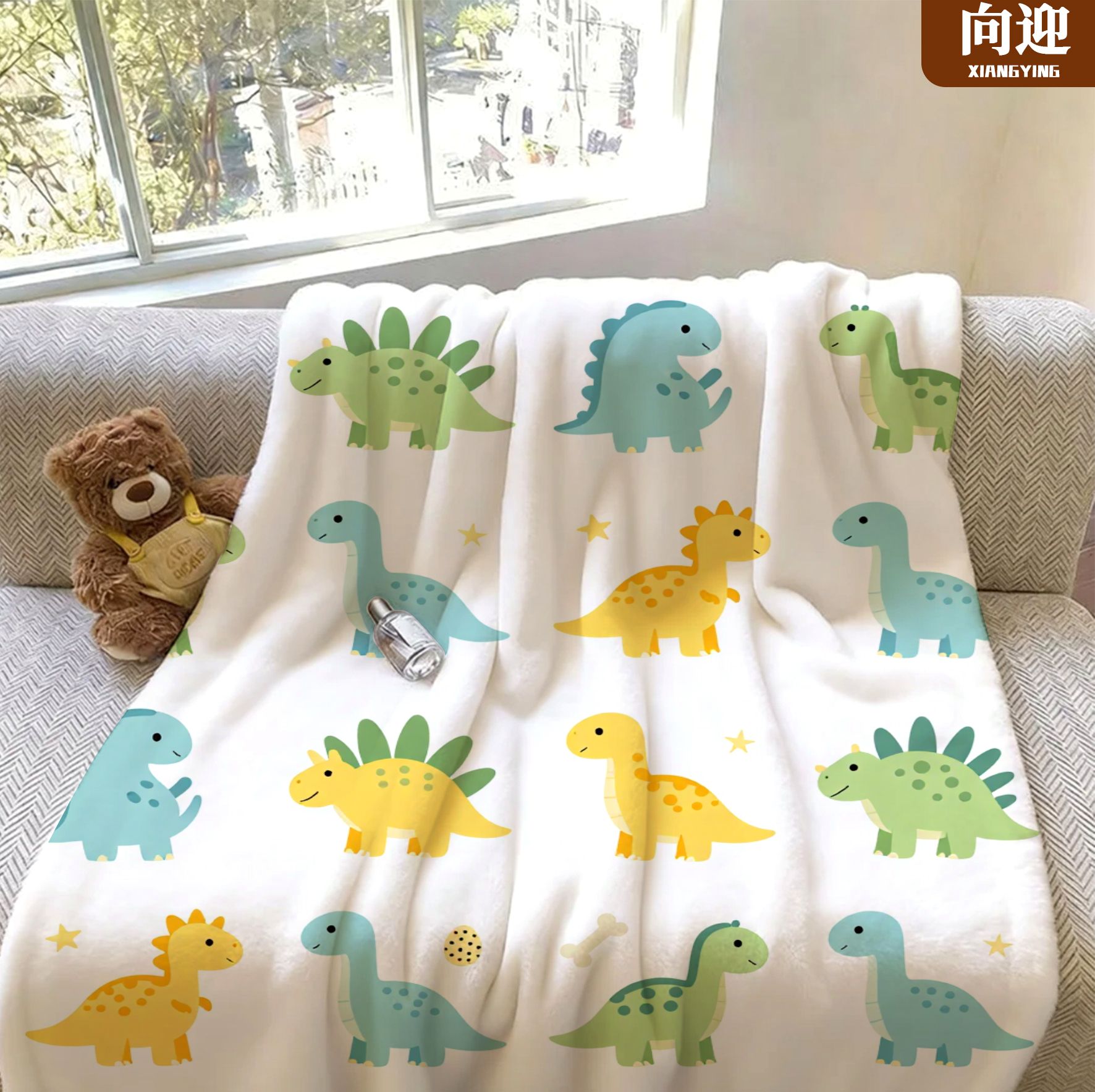向迎法兰绒毛毯卡通恐龙毛毯儿童沙发盖毯午睡毯空调毯可爱休闲款